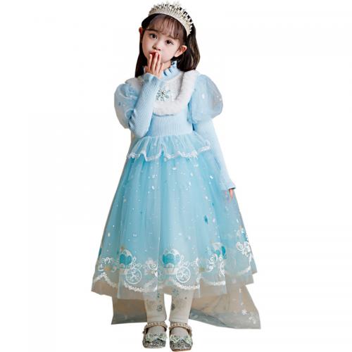 Cotton Princess Girl One-piece Dress  Solid blue PC