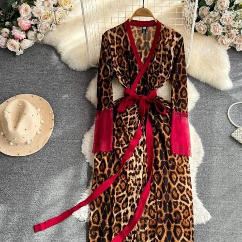 Polyester One-piece Dress slimming printed leopard brown PC