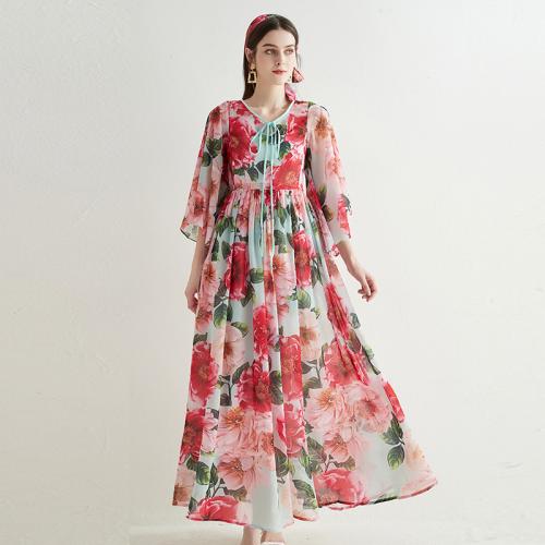 Chiffon Soft One-piece Dress double layer & loose printed floral pink PC