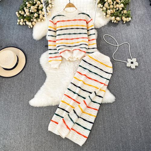 Acrylic Two-Piece Dress Set contrast color & slimming & two piece & hollow printed striped multi-colored : Set