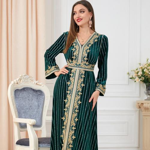 Pleuche Waist-controlled & Soft & front slit Middle Eastern Islamic Muslim Dress striped green PC
