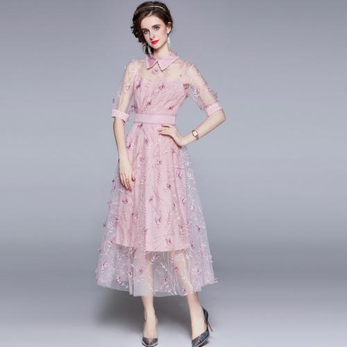 Polyester Waist-controlled One-piece Dress see through look shivering pink PC