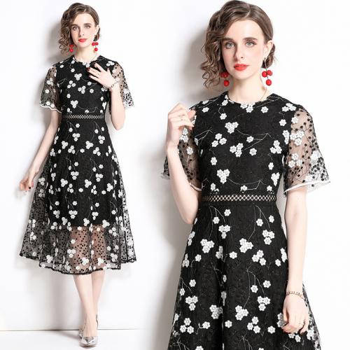 Polyester Waist-controlled One-piece Dress double layer floral black PC