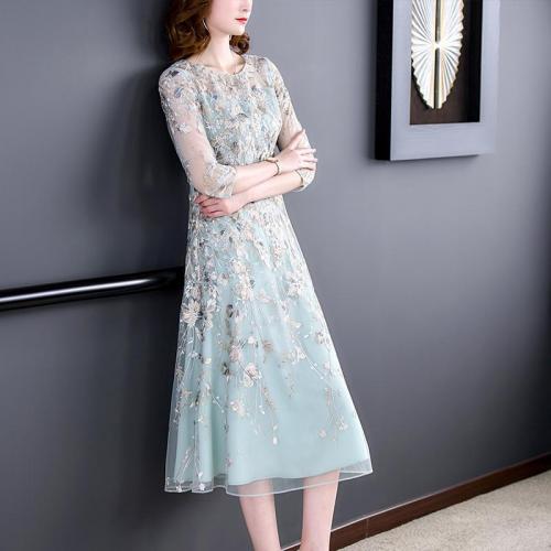 Polyester Waist-controlled & Plus Size One-piece Dress double layer floral sky blue PC