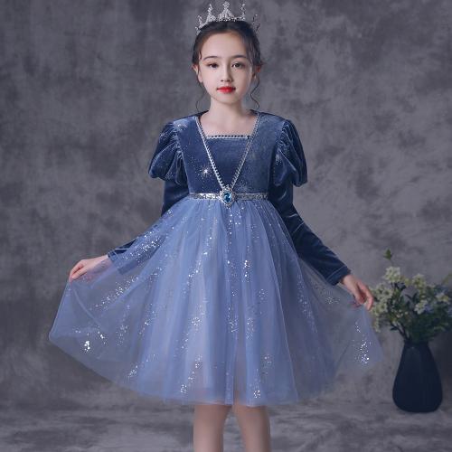 Polyester Princess Girl One-piece Dress  Solid blue PC