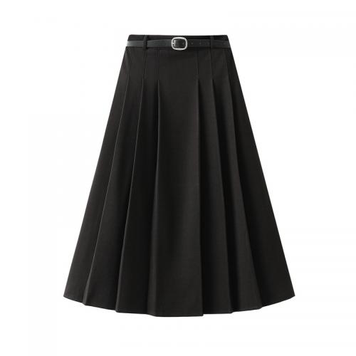 Woollen Cloth & Polyester Pleated Maxi Skirt large hem design & mid-long style & with belt Solid PC