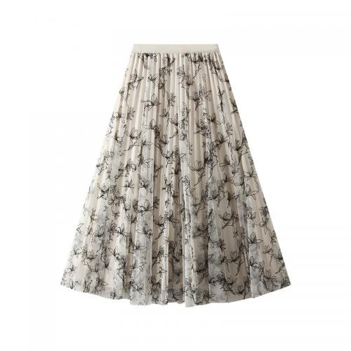 Polyester Pleated Maxi Skirt mid-long style floral : PC