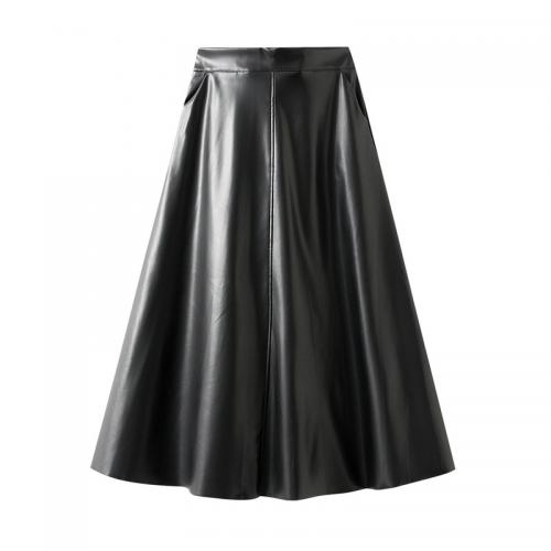 PU Leather A-line & High Waist Maxi Skirt mid-long style Solid : PC