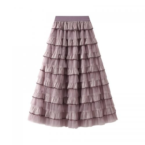 Gauze & Polyester Layered Maxi Skirt mid-long style Solid : PC