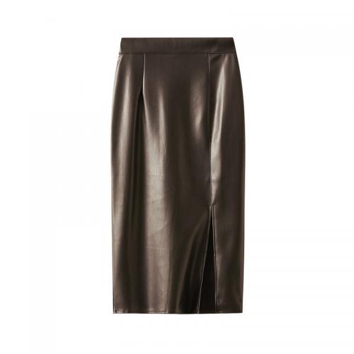 PU Leather High Waist Package Hip Skirt mid-long style & side slit Solid PC