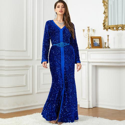 Velveteen & Sequin Slim & front slit Middle Eastern Islamic Muslim Dress flexible Solid blue PC