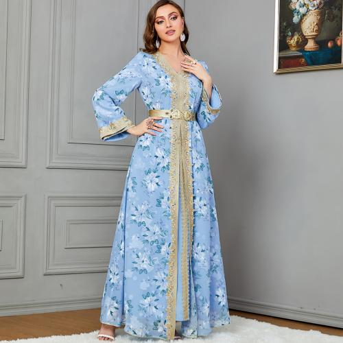 Polyester Waist-controlled Middle Eastern Islamic Muslim Dress slimming & two piece printed shivering Set