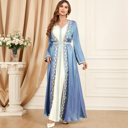 Polyester Soft Middle Eastern Islamic Muslim Dress & two piece & floor-length Solid blue Set