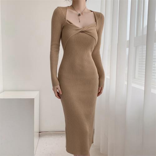 Cotton Slim Sexy Package Hip Dresses side slit knitted Solid PC
