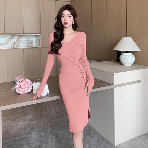 Cotton Slim Sexy Package Hip Dresses deep V knitted Solid PC