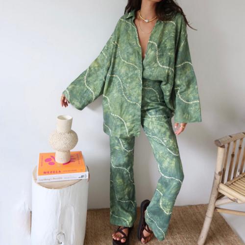Polyester Women Casual Set & two piece & loose Pants & top printed green Set
