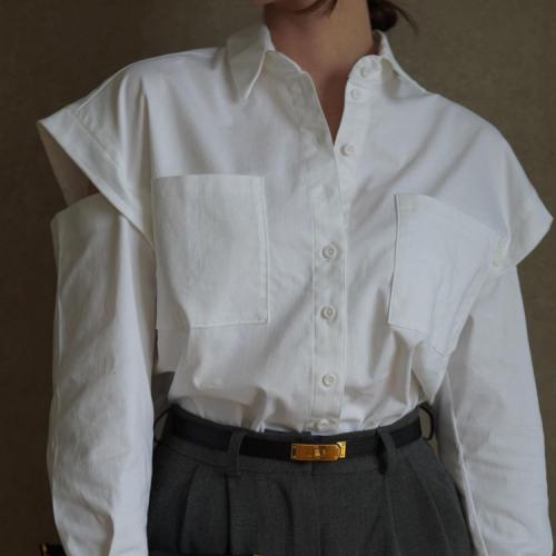 Polyester Women Long Sleeve Shirt & loose & hollow Solid white PC
