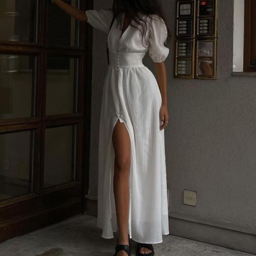 Polyamide Waist-controlled & front slit One-piece Dress deep V Solid white PC