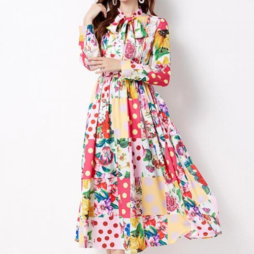 Chiffon High Waist One-piece Dress with bowknot printed PC