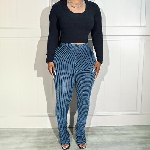 Polyester Long Trousers Women Long Trousers flexible & skinny striped blue PC