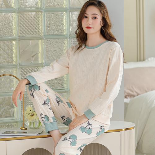 Cotton Women Pajama Set & two piece & loose & breathable printed beige Set