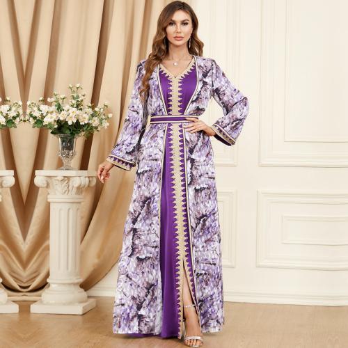 Polyester front slit Middle Eastern Islamic Muslim Dress & two piece & loose embroidered floral purple Set