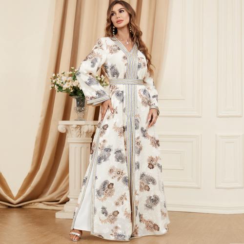 Polyester front slit Middle Eastern Islamic Muslim Dress slimming & two piece printed white Set