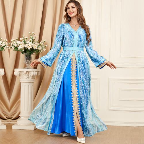 Polyester Waist-controlled & front slit Middle Eastern Islamic Muslim Dress & two piece printed Set
