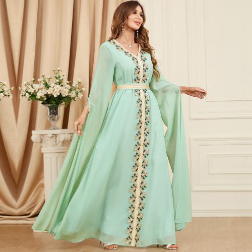 Chiffon Waist-controlled Middle Eastern Islamic Muslim Dress double layer & floor-length embroidered Solid Set