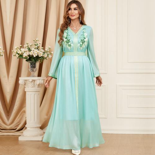 Polyester Middle Eastern Islamic Muslim Dress see through look & slimming & double layer printed Solid green PC