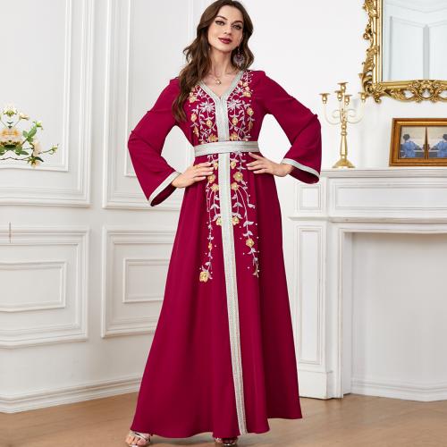 Polyester Waist-controlled & Soft Middle Eastern Islamic Muslim Dress large hem design embroidered Solid PC