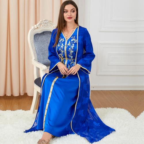 Polyester Middle Eastern Islamic Muslim Dress see through look & two piece & thermal embroidered leaf pattern blue Set