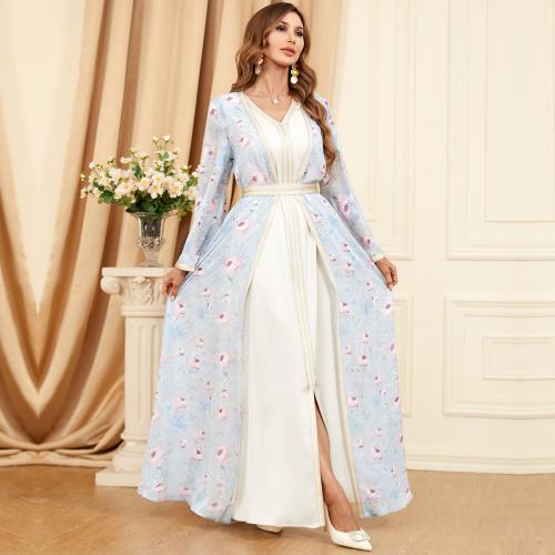 Polyester front slit Middle Eastern Islamic Muslim Dress slimming & two piece shivering light blue Set