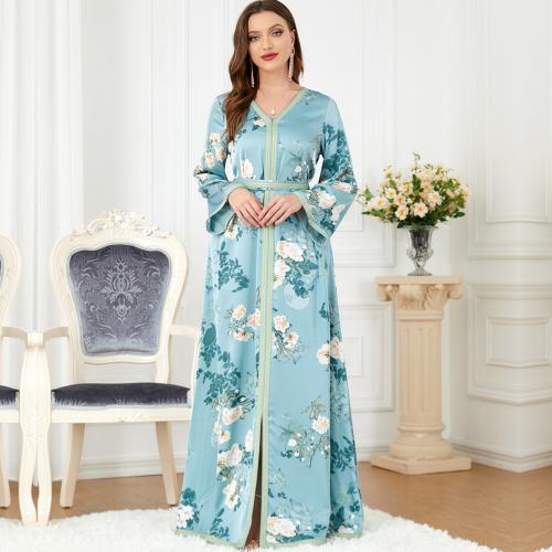 Polyester front slit Middle Eastern Islamic Muslim Dress & floor-length & breathable printed shivering turquoise blue PC