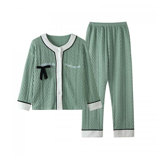 Cotton Women Pajama Set & two piece & loose & thermal Solid green Set