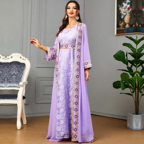 Polyester One-piece Dress large hem design & double layer & two piece embroidered floral purple Set