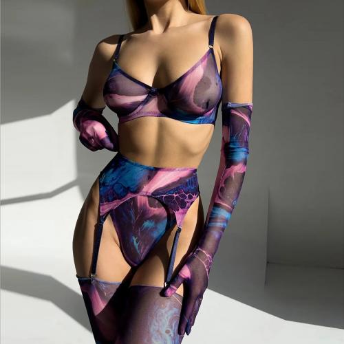 Polyester Sexy Bra Set & hollow & skinny style printed Set