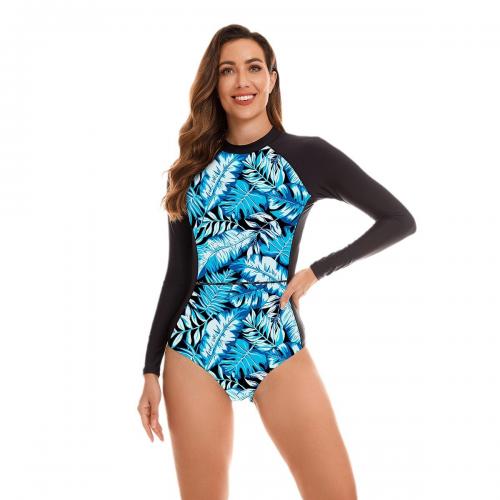 Polyester Quick Dry One-piece Swimsuit & skinny style printed leaf pattern blue PC