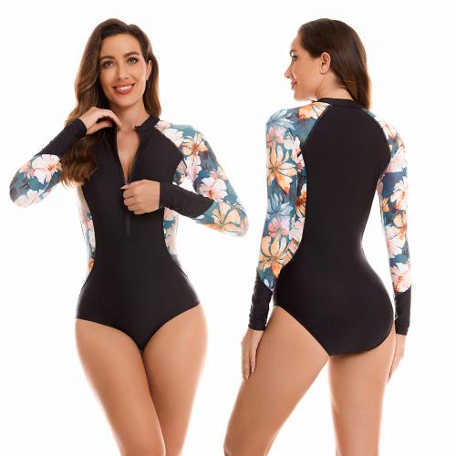 Polyester Quick Dry One-piece Swimsuit & skinny style printed floral black PC