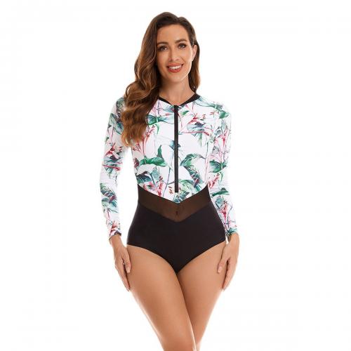 Polyester Quick Dry One-piece Swimsuit & skinny style printed floral white and black PC