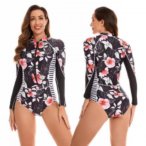 Polyester Quick Dry One-piece Swimsuit & skinny style printed floral black PC