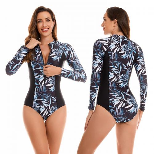 Polyester Quick Dry One-piece Swimsuit & skinny style printed leaf pattern Navy Blue PC