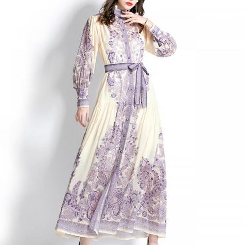 Chiffon & Polyester One-piece Dress & with belt & breathable printed purple PC