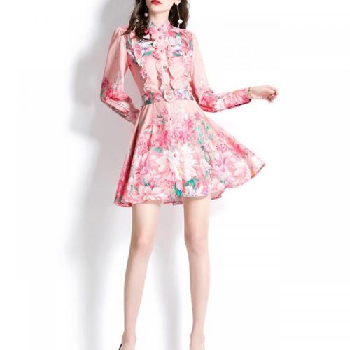 Chiffon & Polyester One-piece Dress & with belt & breathable printed pink PC