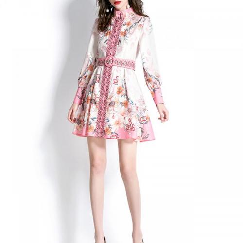 Chiffon & Polyester One-piece Dress & with belt & breathable printed pink PC
