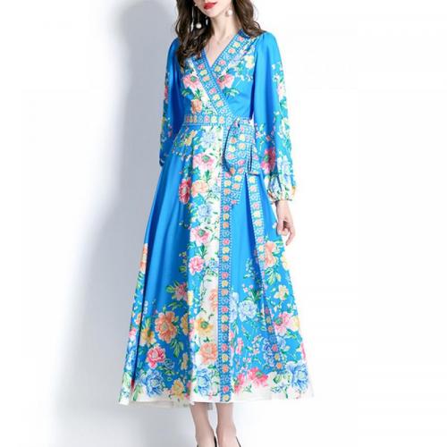 Chiffon & Polyester One-piece Dress & breathable printed blue PC