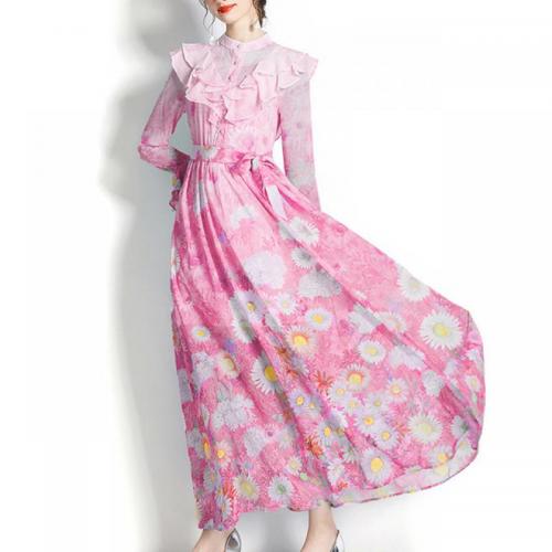 Chiffon & Polyester Einteiliges Kleid, Gedruckt, Rosa,  Stück