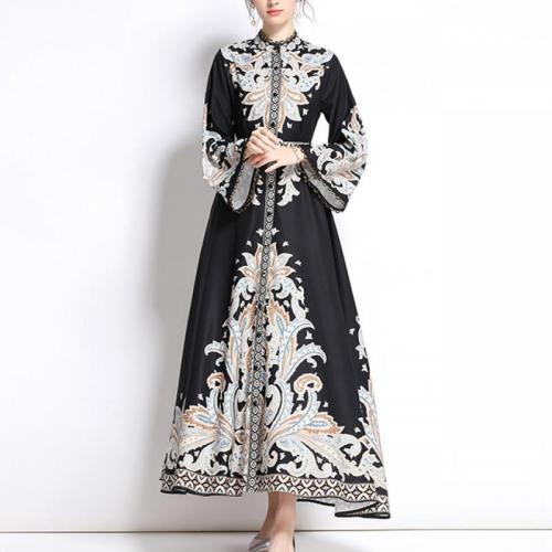 Chiffon & Polyester Waist-controlled One-piece Dress & breathable printed black PC
