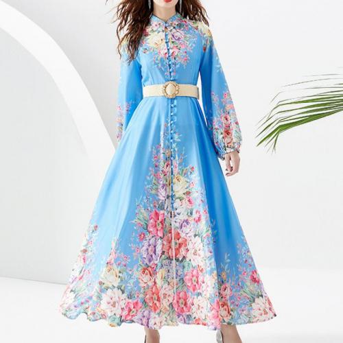 Chiffon & Polyester Waist-controlled One-piece Dress & breathable printed sky blue PC