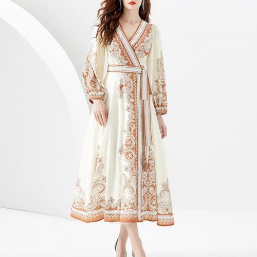 Chiffon & Polyester Waist-controlled One-piece Dress deep V & breathable printed Apricot PC